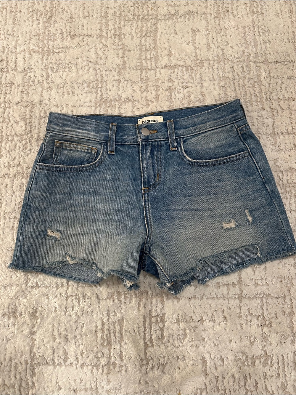 L’AGENCE Audrey Mid Rise Distressed Denim Shorts Size 24 Made in USA